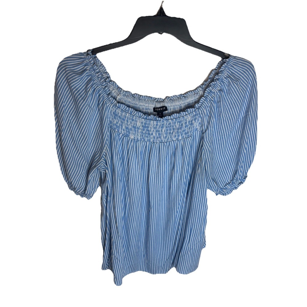 Torrid Womens Blue White Striped Smocked Ruffle Off‎ Shoulder Top Size 1 (1X)